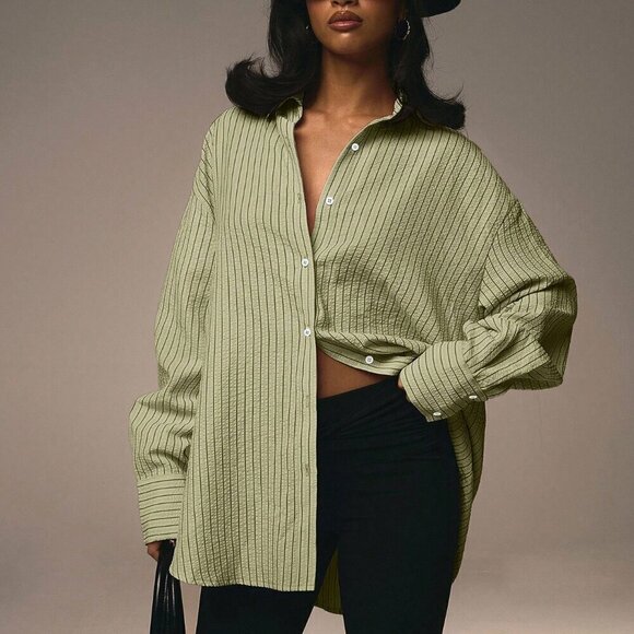 Tops - Green Casual Womens Long Sleeve Striped Front Button Blouse